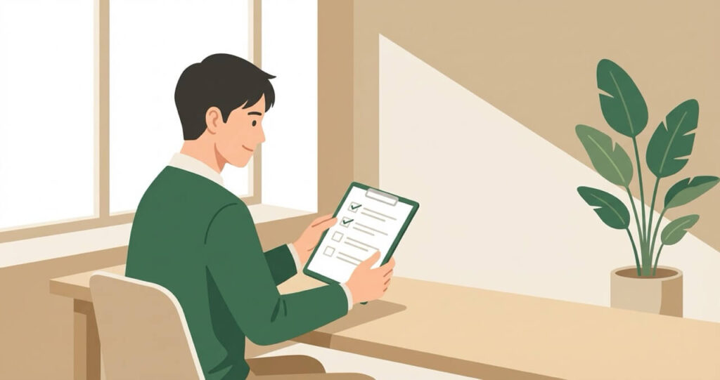 チェックリストを持ち安心した笑顔の男性