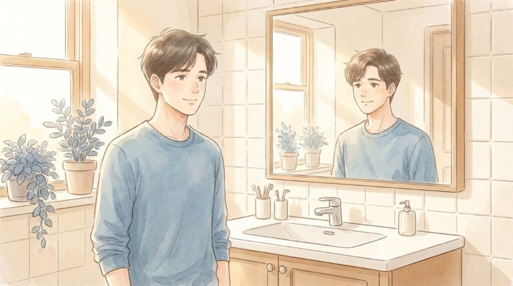 穏やかで平和な表情で前を向く30代男性。迷いから距離を置いた心の平穏さを表現した水彩画調のイラスト