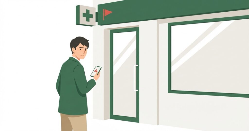 クリニックの入口で警戒する表情の男性