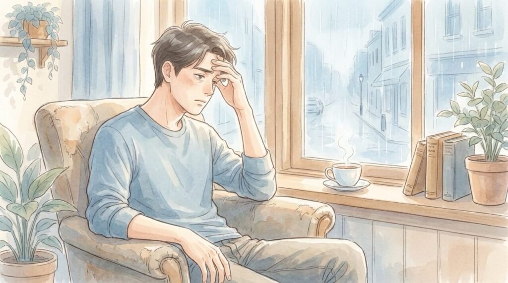 窓辺に座り疲れた表情で外を眺める30代男性。長く迷い続けることの辛さを表現した水彩画調のイラスト