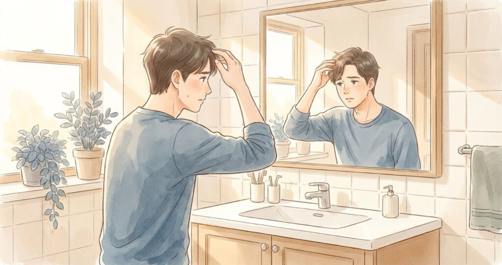 バスルームの鏡の前で自分の髪を気にする男性。前と違う気がして不安になる様子を表現した水彩画調のイラスト