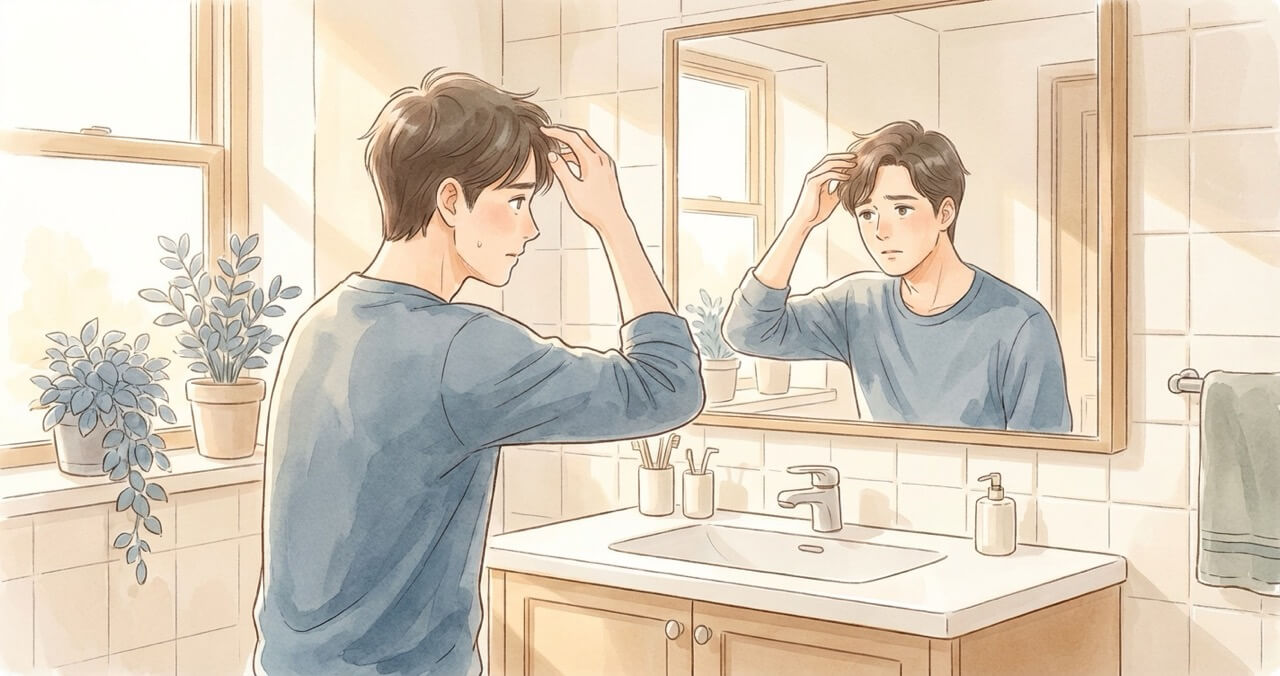 バスルームの鏡の前で自分の髪を気にする男性。前と違う気がして不安になる様子を表現した水彩画調のイラスト