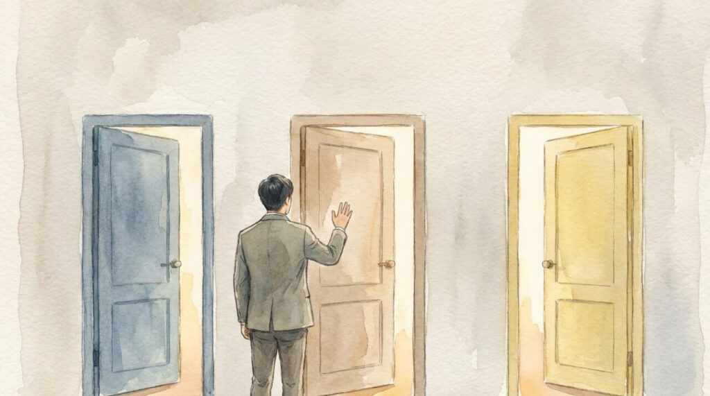 3つのドア(ブルー・ベージュ・イエロー)の前に立ち、中央のドアに手を挙げて選ぼうとするビジネススーツ姿の30代男性の後ろ姿。選択の自由と柔軟性を表現した水彩画調のイラスト