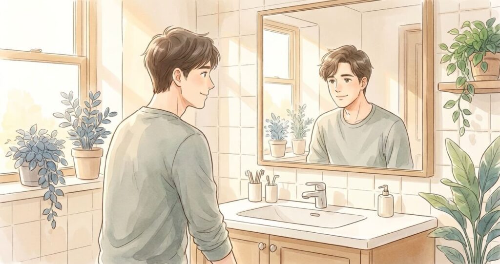 穏やかな笑顔を浮かべる男性。「1回だけ試す」つもりで始めた人が3ヶ月後に感じた前向きな変化を表現した水彩画調のイラスト