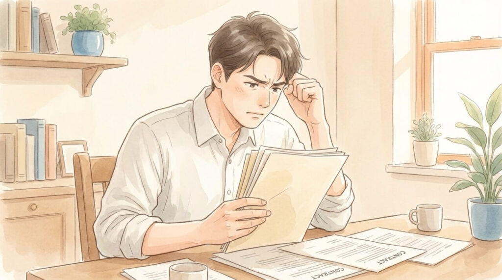 契約書や規約を読んで困惑した表情の30代男性。解約の難しさに悩む様子を表現した水彩画調のイラスト