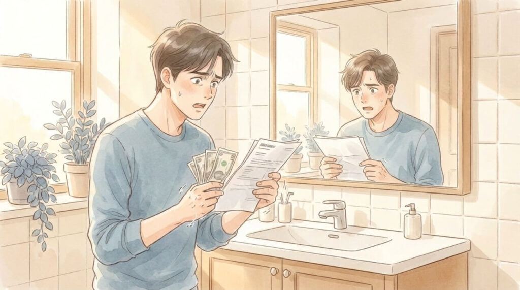 請求書や明細を見て驚いた表情の30代男性。予想外に高額になった費用に焦る様子を表現した水彩画調のイラスト