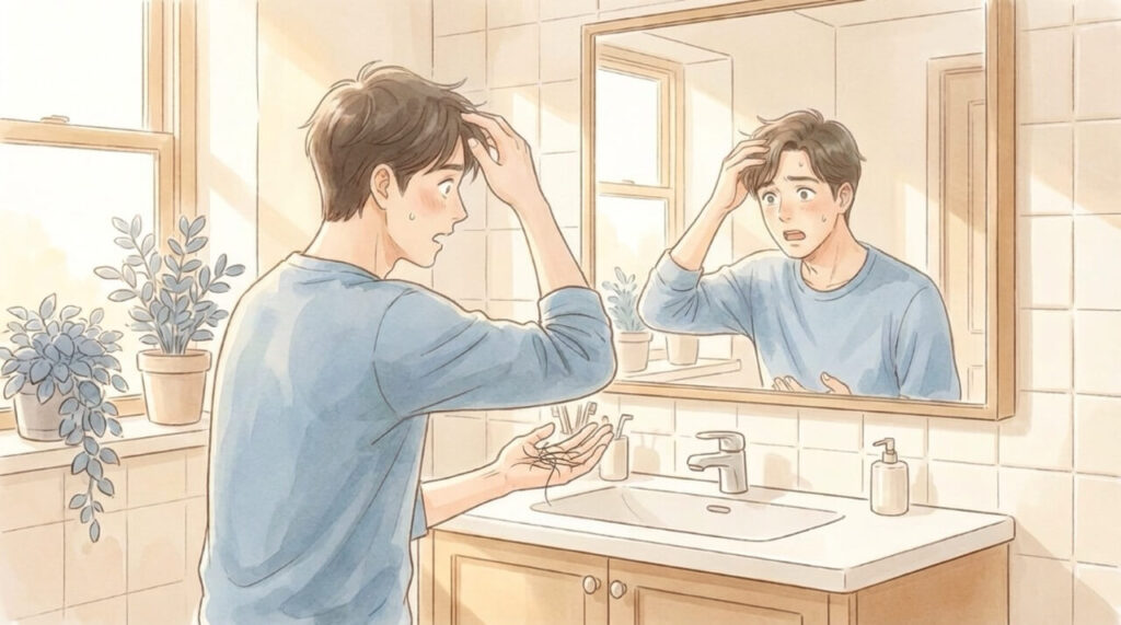 バスルームで抜け毛に気づき驚く30代男性。初期脱毛によって増えた抜け毛に戸惑う様子を表現した水彩画調のイラスト