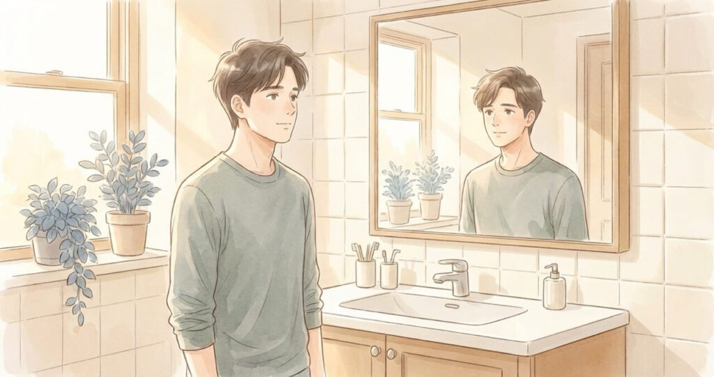 穏やかな表情で前を向く男性。悩み続ける毎日から少し距離を置くという選択の平穏さを表現した水彩画調のイラスト