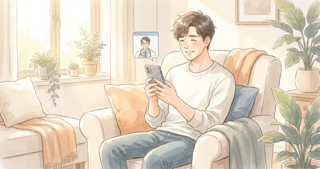 自宅のソファでスマホを持ち安心した表情の男性。オンライン診察で自宅に薬が届く仕組みを知った安心感を表現した水彩画調のイラスト