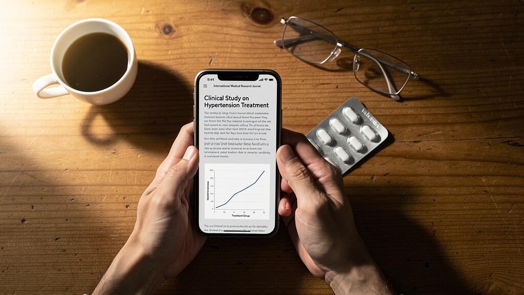 木製デスクの上で、論文データやグラフが表示されたスマートフォンを手に持つ男性の手元を上から撮影した写真。近くにコーヒーカップ、眼鏡、錠剤シートが置かれている