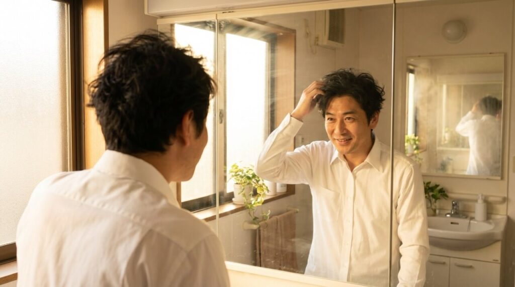 朝の明るい洗面台の鏡の前で、40代日本人男性が黒髪に手を添えながら穏やかに微笑んでいる。