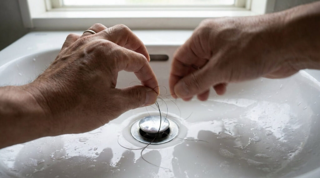 白い洗面台の排水口付近に落ちた黒い抜け毛を、男性が指でつまんでいる様子のクローズアップ。