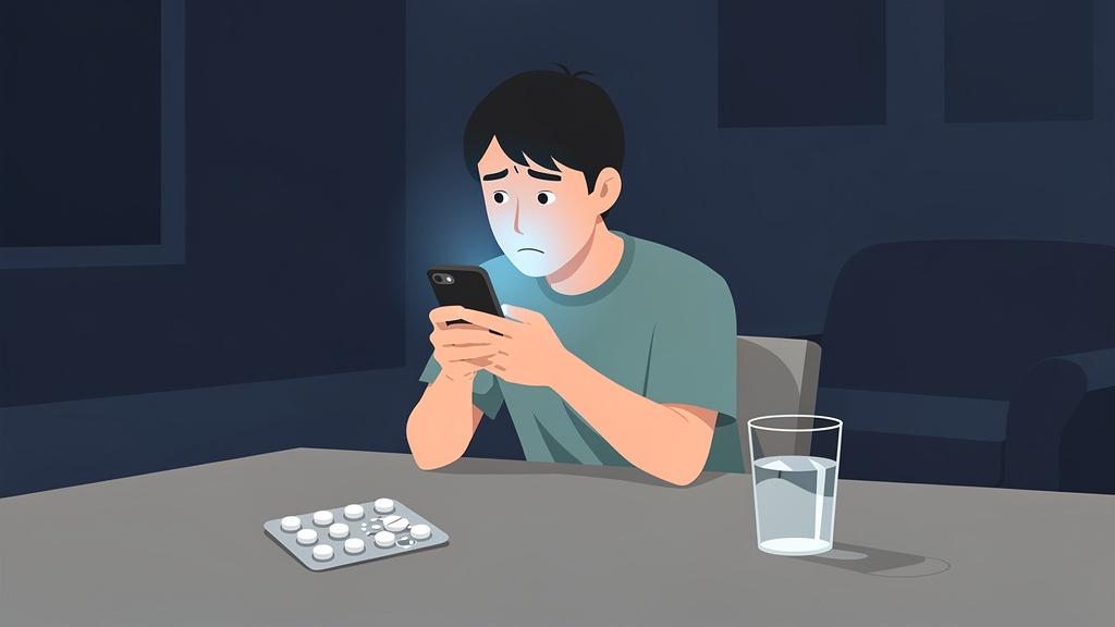 夜のデスクでスマートフォンを見つめる30代前半の日本人男性を描いたフラットイラスト。机の上には錠剤シートと水の入ったグラスが置かれている