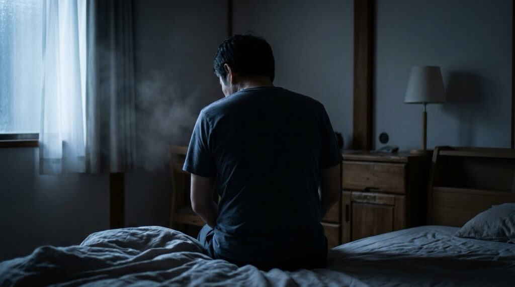 暗い寝室でベッドの端に座る40代日本人男性の後ろ姿。窓からの薄い光が背中を照らしている。