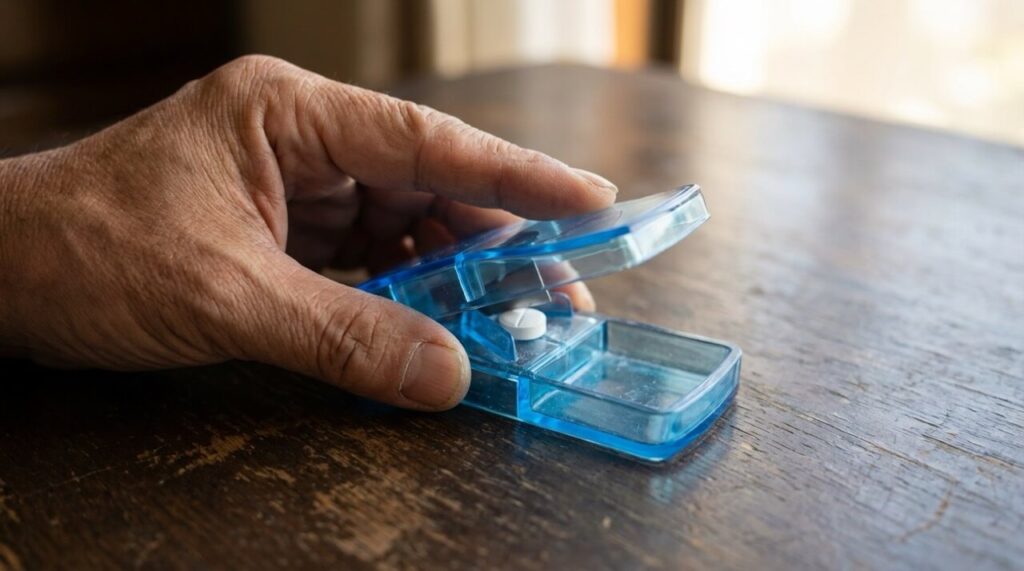 ダークウッドのテーブルの上で、白い錠剤を挟んだピルカッターを手に持っている様子のクローズアップ。