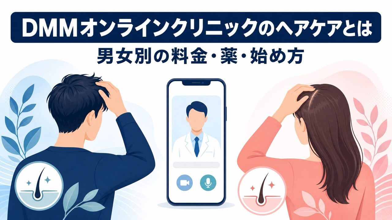 DMMオンラインクリニックのヘアケアを紹介するフラットイラストのヘッダー画像。左に男性、右に女性の後ろ姿、中央にオンライン相談を示すスマートフォンが配置されている。