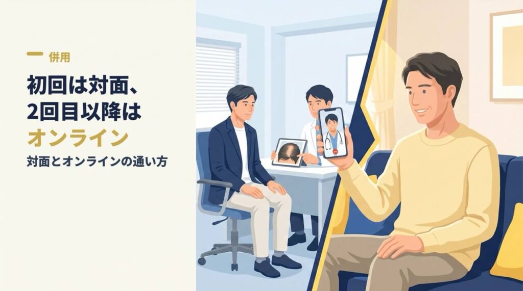 初回は対面で受診し、その後は自宅のスマートフォンでオンライン診療を受ける男性のイラスト