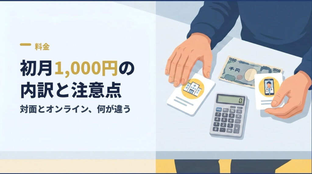 電卓とコインを前に、対面とオンラインの費用をくらべる男性の手元のイラスト