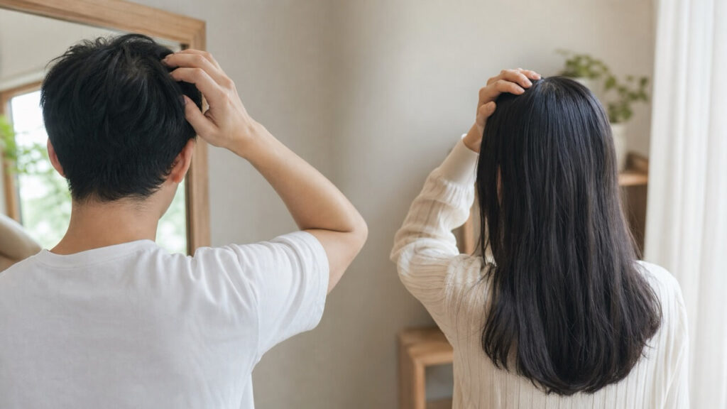 1枚の写真の中で左に日本人男性、右に日本人女性が並び、それぞれ後ろ姿で髪の生え際や分け目にそっと触れている様子を、自然光のやわらかい室内で表現したライフスタイル写真。