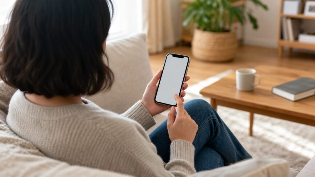 自宅のソファに座った人物が、後ろ姿または肩越しの構図でスマートフォンを見ながら情報収集している様子のライフスタイル写真。