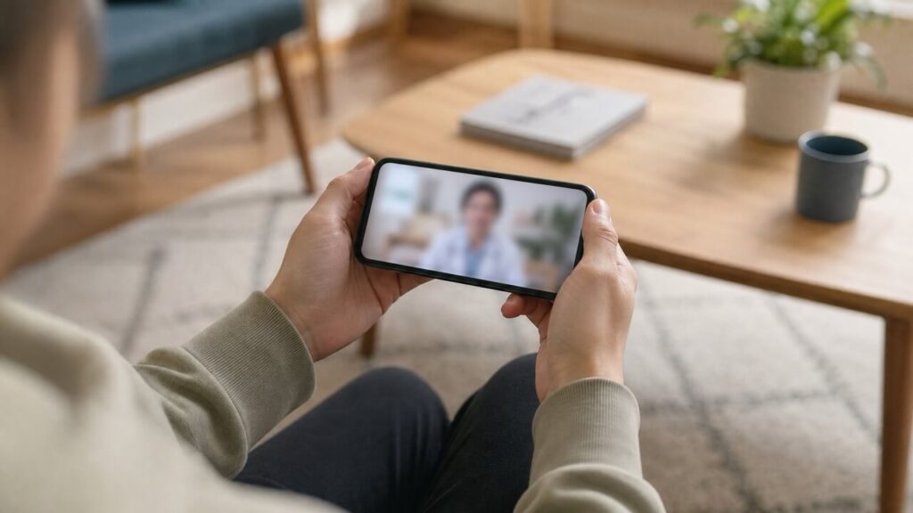 自宅でスマートフォンを手に持ち、オンライン診療やビデオ通話で相談している雰囲気を表した、手元中心のライフスタイル写真。