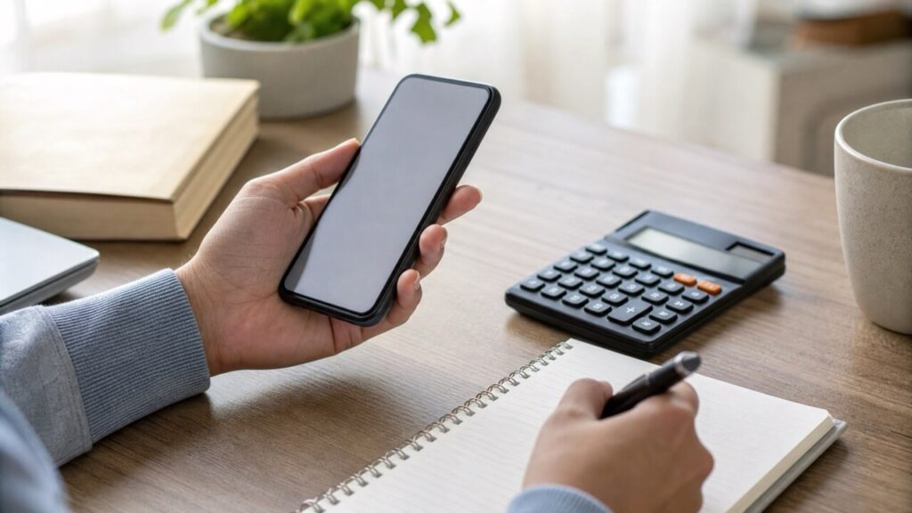 デスクの上でスマートフォンを手に持ち、ノートや電卓と一緒に月々の治療費を比較・計画している様子を、手元のみで切り取ったライフスタイル写真。