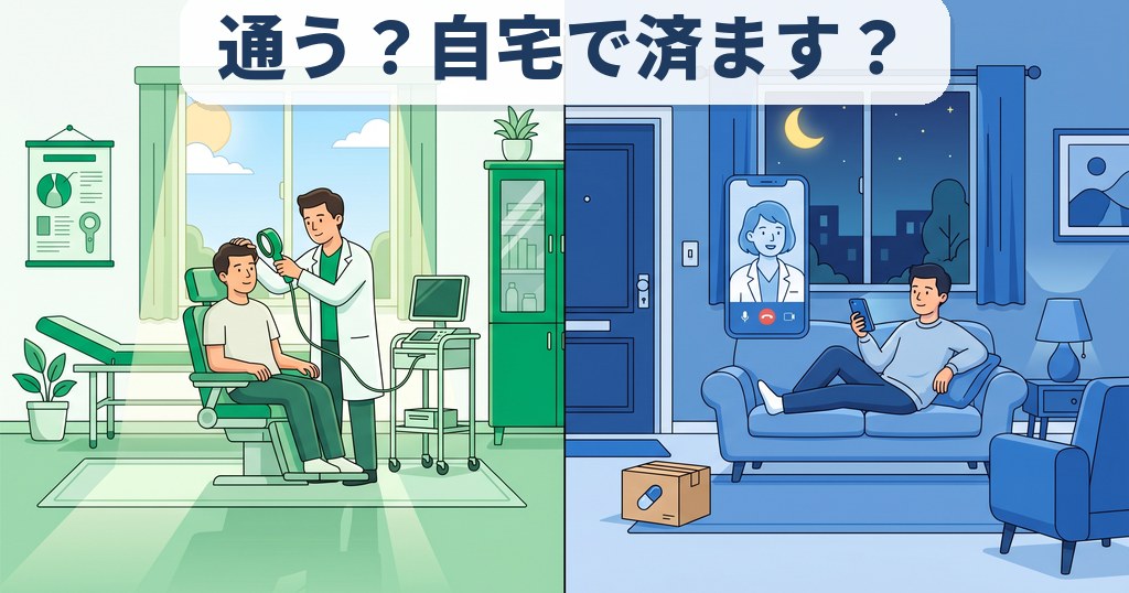 左に昼の完全個室で医師が拡大スコープで頭皮を診察するシーン、右に夜のソファでスマホビデオ診察と玄関先の配達小箱の対比