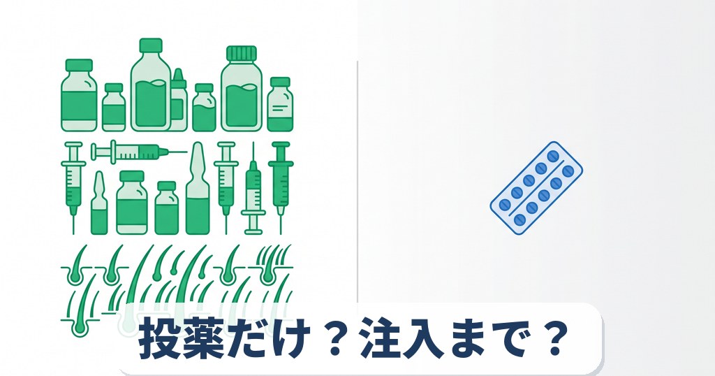 左に薬瓶・注射器・毛根と髪の3段アイコン（治療手段の多さ）、右に錠剤シート1枚だけのミニマル構図で密度を対比