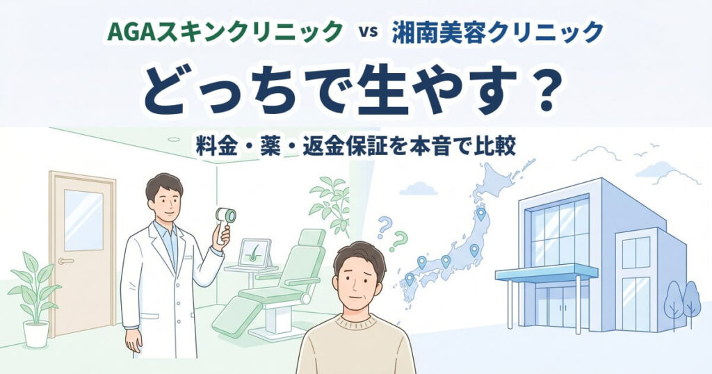 左側の緑の個室でマイクロスコープを持つ白衣の医師と、右側のネイビーブルーの美容クリニックのビル・日本地図に多数のピン、中央下部で左右を見比べる30〜40代男性を配したAGAクリニック比較のアイキャッチイラスト