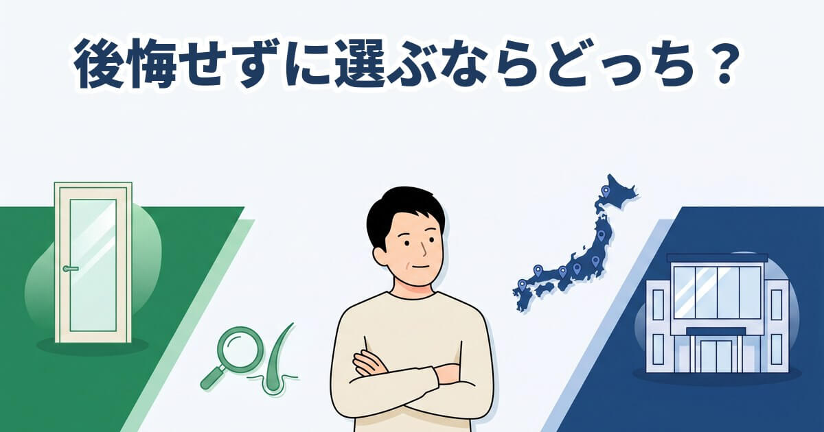 中央で腕を組んで左右を見比べる30〜40代男性、左側に緑の個室ドアと毛髪＋虫眼鏡のアイコン、右側にネイビーブルーの日本地図と美容クリニックのビルを配したVS構図イラスト