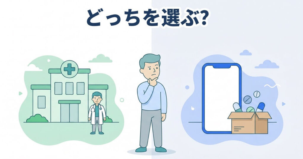中央の男性が左右のクリニックとスマホ配送を見比べるVS構図イラスト