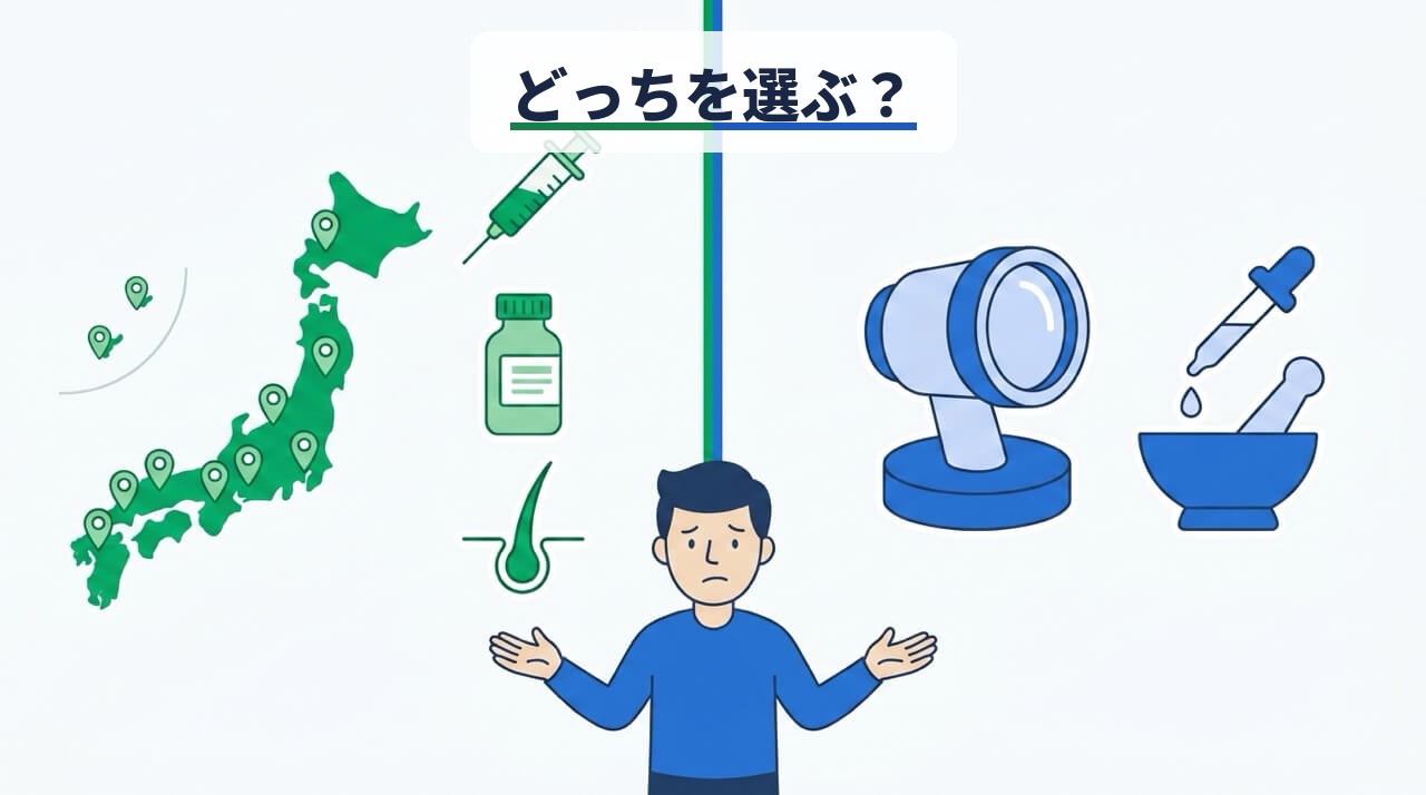中央で両手を広げて迷う男性を挟み、左に日本地図と注射器・薬瓶・毛根の緑アイコン、右に頭皮スコープと乳鉢・スポイトの青アイコンを配し、「どっちを選ぶ?」のラベルを重ねた比較イラスト