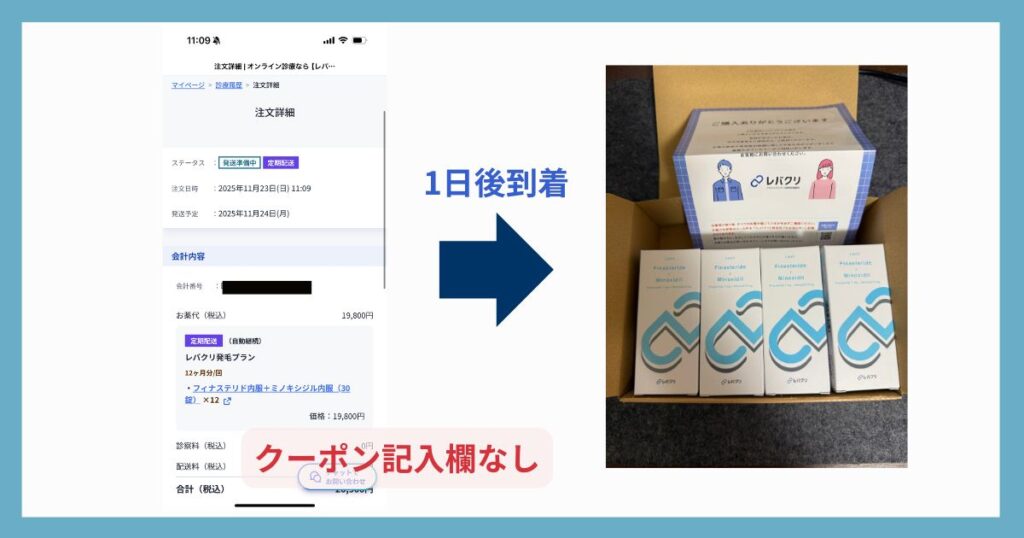 レバクリ発毛プラン12ヶ月定期の注文詳細画面。お薬代19,800円（税込）・診察料0円で、クーポンコードを入力せずに割引価格になっている。薬は注文の翌日に日本郵便で到着。