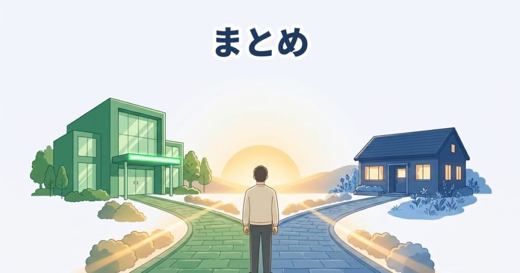 朝の柔らかい光の中、二股の分かれ道に立つ男性の後ろ姿、左の道の先に緑の看板が灯る大型クリニック、右の道の先にネイビーブルーの小さな専門クリニックを配し、「まとめ」のラベルを重ねたまとめイラスト