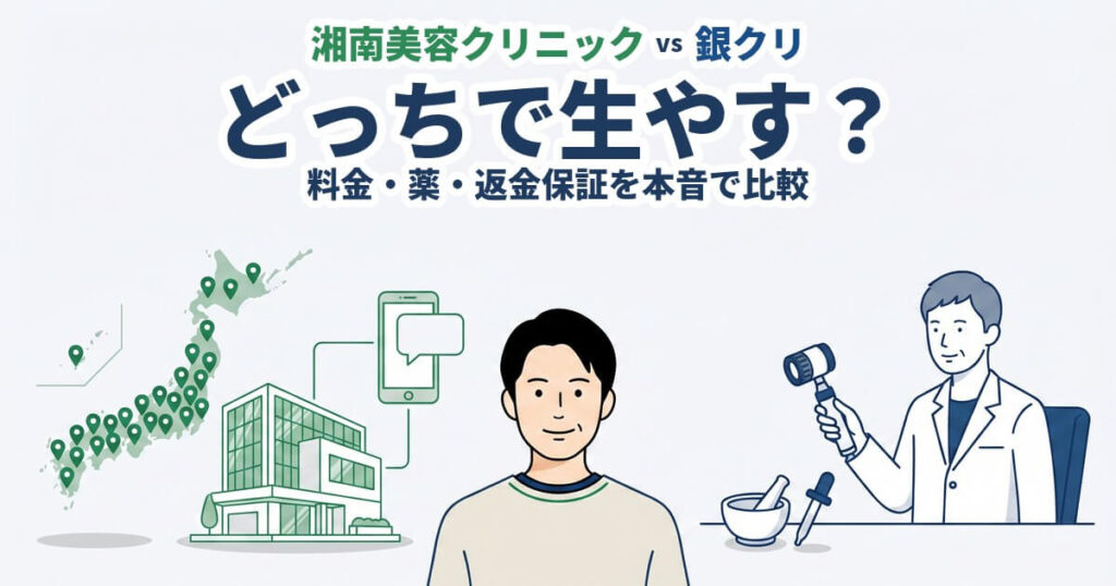 湘南美容クリニックと銀クリはどっちで生やす？料金・薬・返金保証を本音で比較する記事のアイキャッチ。左に緑のピンが立つ日本地図と美容クリニックのビル・オンライン診療のスマホ、右に頭皮スコープを手にする医師と乳鉢・スポイト、中央に30〜40代男性を配したVS構図イラスト