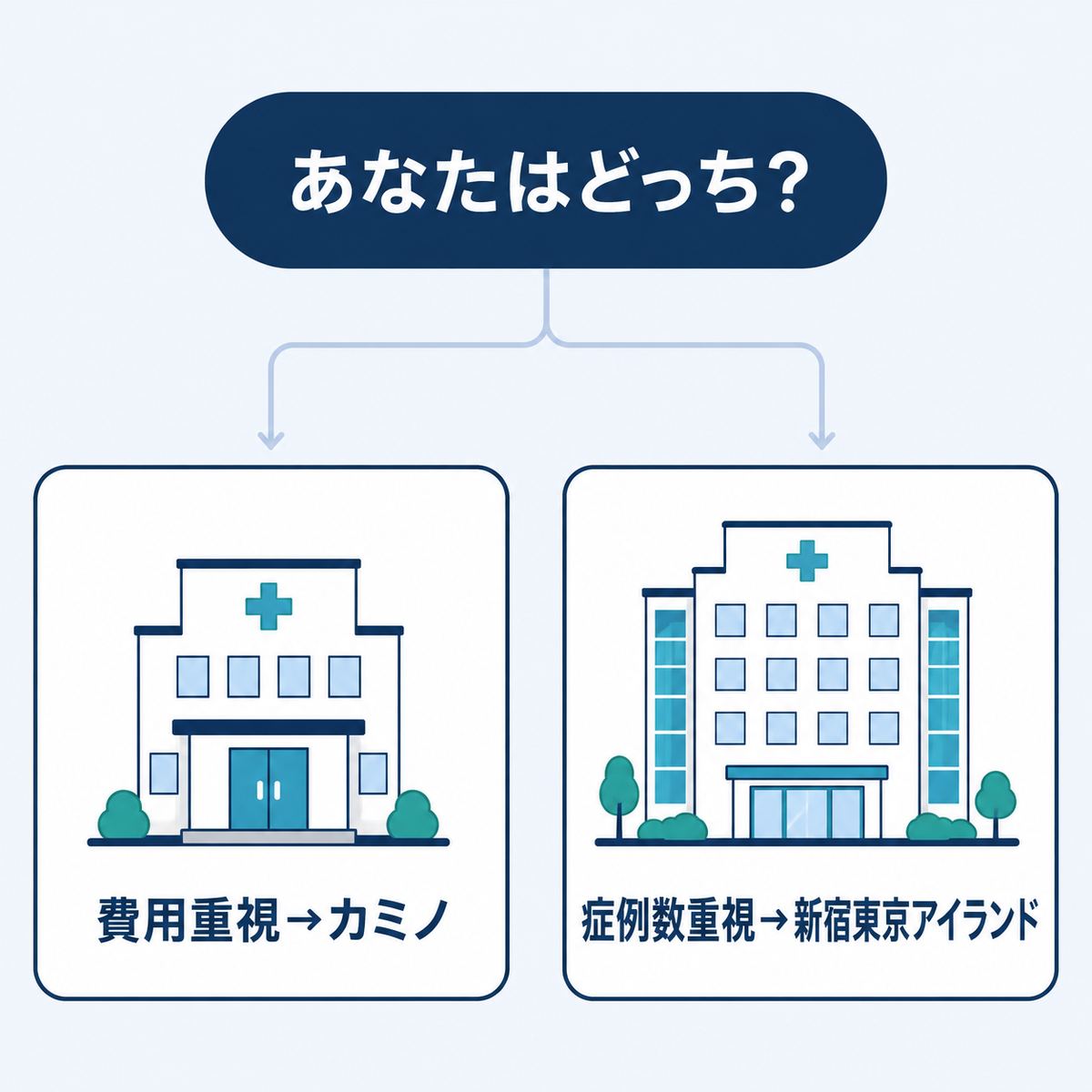 費用重視ならカミノ・症例数重視なら新宿東京アイランドに分かれる図解