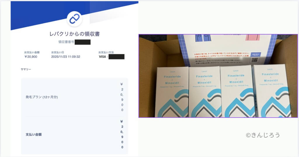 レバクリ発毛プラン12ヶ月分の領収書（税込20,900円・2025年11月時点）と届いた治療薬