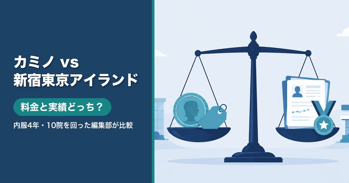 カミノクリニックと新宿東京アイランドタワークリニックの違いを料金と実績で比較するイラスト