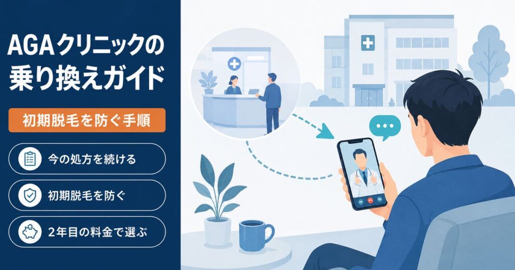 AGAクリニックの乗り換えガイド。今の処方を続ける・初期脱毛にそなえる・2年目の料金で選ぶ、をまとめたイラスト