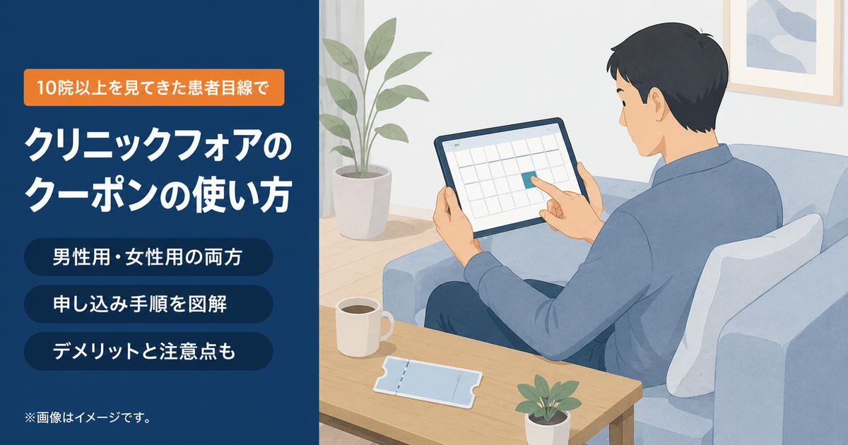 クリニックフォアのAGAクーポンの適用条件と申し込み手順を示したイメージ