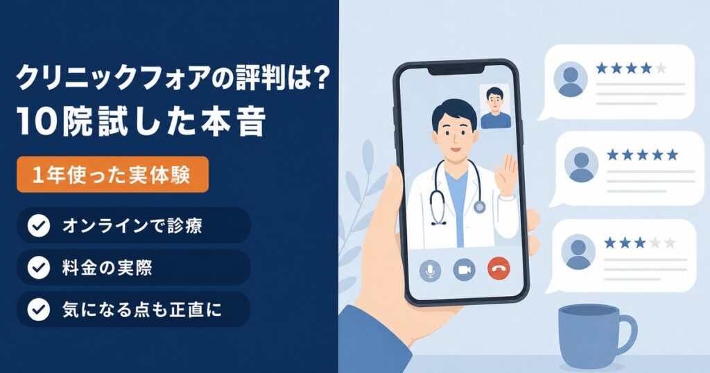 スマホのオンライン診療画面と口コミの吹き出し。クリニックフォアの評判・料金・気になる点を体験者がまとめた記事のアイキャッチ。