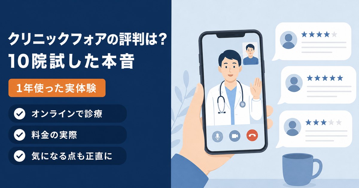 スマホのオンライン診療画面と口コミの吹き出し。クリニックフォアの評判・料金・気になる点を体験者がまとめた記事のアイキャッチ。