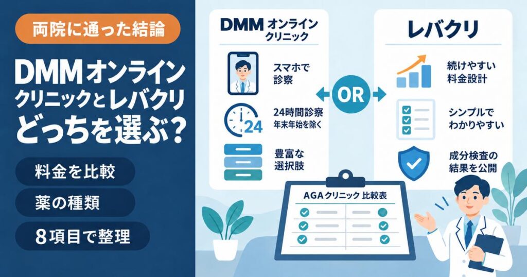 DMMオンラインクリニックとレバクリのAGA治療を、料金・薬の種類など8項目で比べた記事のアイキャッチ