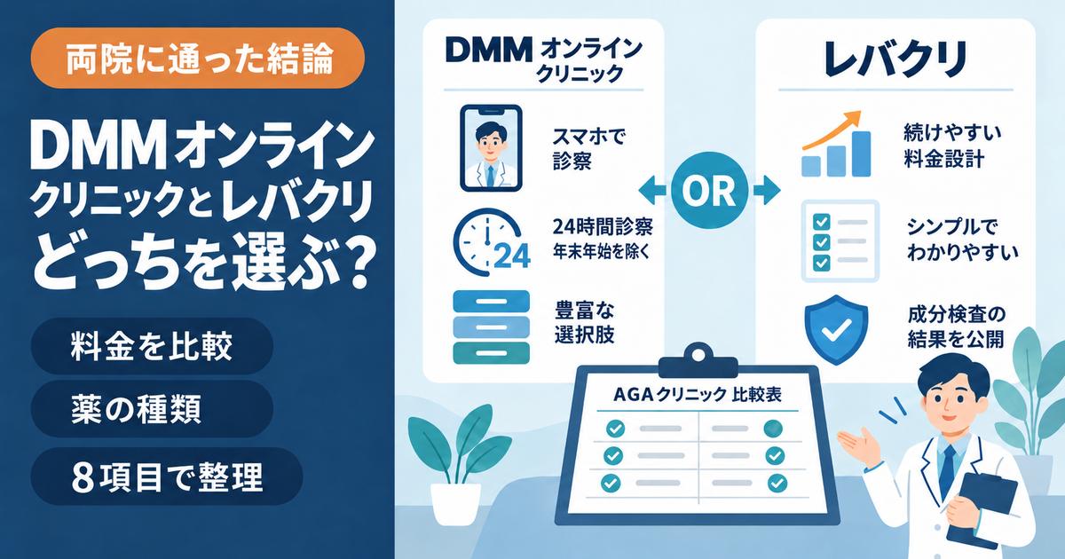 DMMオンラインクリニックとレバクリのAGA治療を、料金・薬の種類など8項目で比べた記事のアイキャッチ