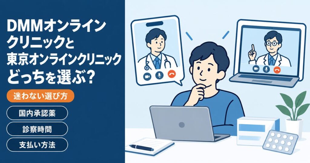 DMMオンラインクリニックと東京オンラインクリニックを国内承認薬・診察時間・支払い方法で比較する記事のアイキャッチ。スマホとパソコンでオンライン診察を受ける男性のイラスト