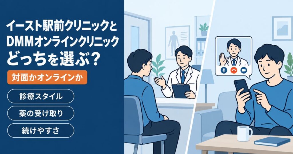 イースト駅前クリニックとDMMオンラインクリニックを診療スタイル・薬の受け取り・続けやすさで比較する記事のアイキャッチ。駅前での対面診察と自宅でのオンライン診察を並べたイラスト