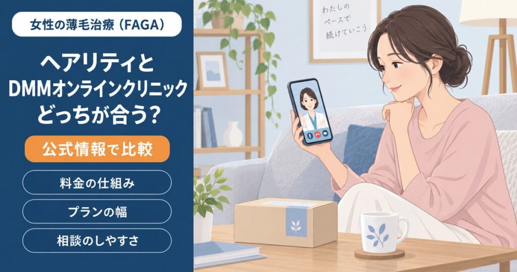 女性の薄毛治療（FAGA）でヘアリティとDMMオンラインクリニックを、料金の仕組み・プランの幅・相談のしやすさで比べる記事のアイキャッチ。自宅でスマホ診察を受ける女性のイラスト