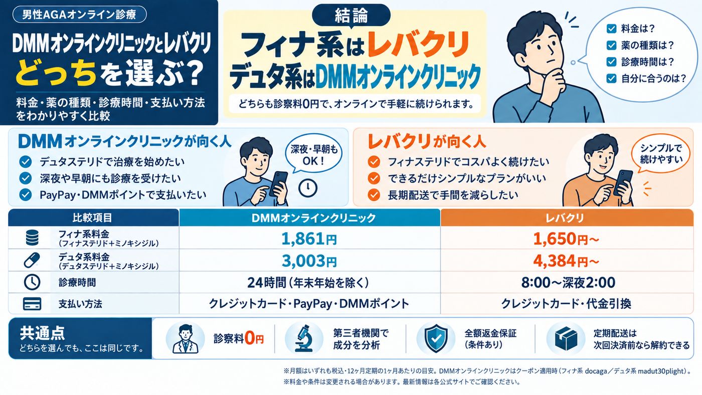 DMMオンラインクリニックとレバクリの比較まとめ図。結論、それぞれが向く人、料金・診療時間・支払い方法の違い、共通点を1枚に整理