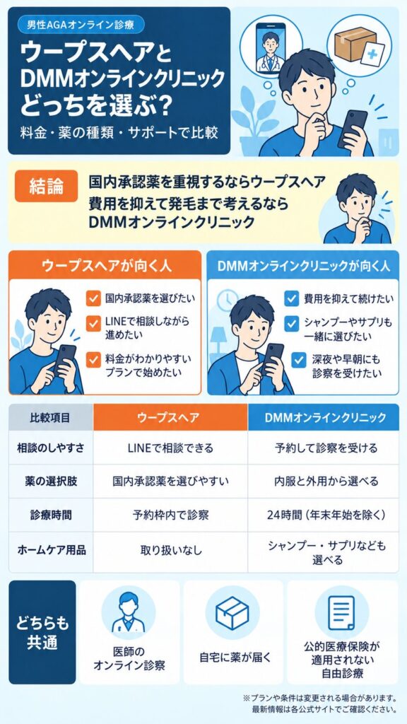ウープスヘアとDMMオンラインクリニックの比較図。国内承認薬を重視するならウープスヘア、費用を抑えて発毛まで考えるならDMMオンラインクリニックという結論と、相談のしやすさ・薬の選択肢・診療時間・ホームケア用品の違いを1枚に整理