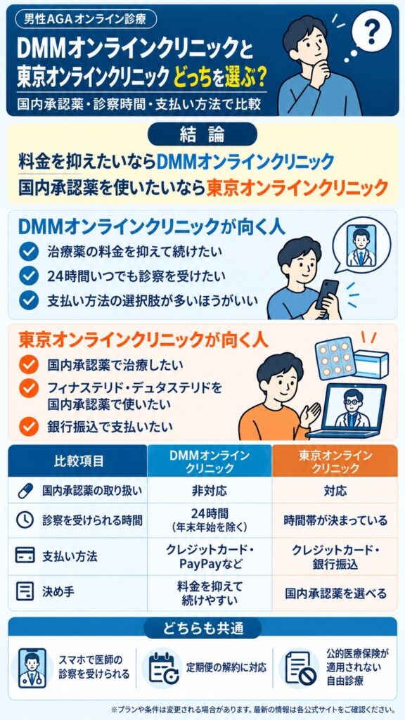 DMMオンラインクリニックと東京オンラインクリニックの比較図（縦長版）。結論、それぞれが向く人、国内承認薬の取り扱い・診察を受けられる時間・支払い方法の違いと共通点をまとめたもの